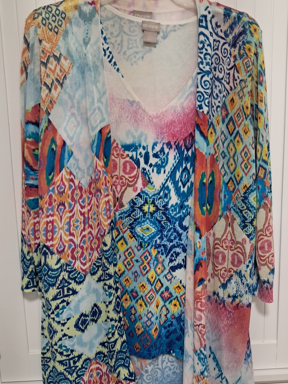Chicos Cardigan Sweater & Tank SET Multicolor Ikat Cotton Knit Sz M $169 NWT - Picture 3 of 7